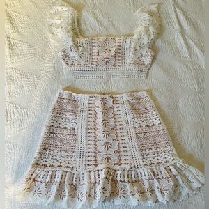 Fashion Nova Cream Crochet Lace Two-Piece Skirt Set